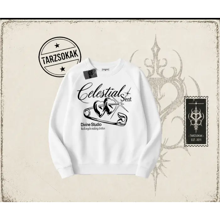 Unisex Celestial Sent Oversize Unisex Bisiklet Yaka Sweatshirt Beyaz