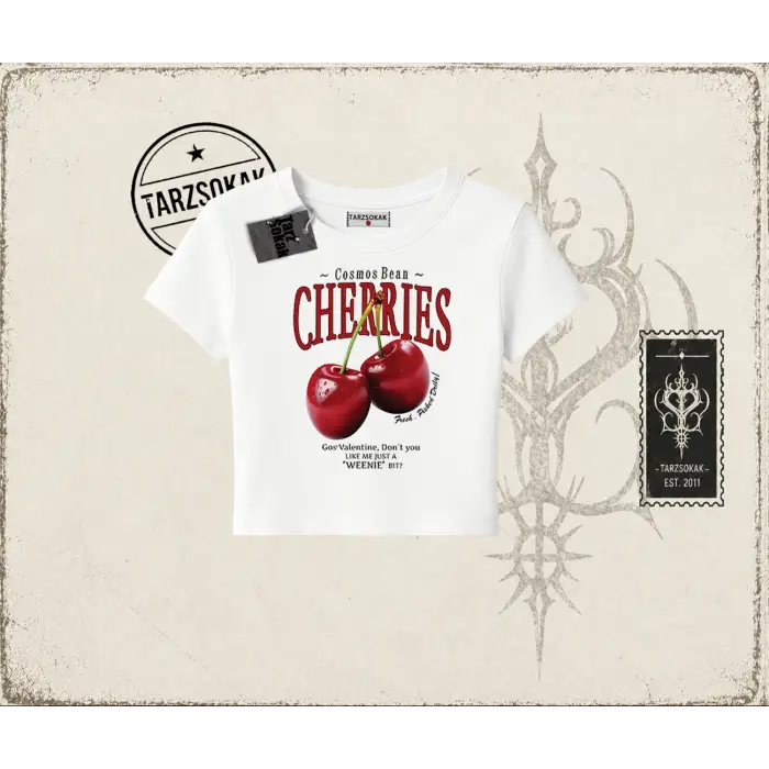 Unisex Cherries Kadın Baby Tee Beyaz