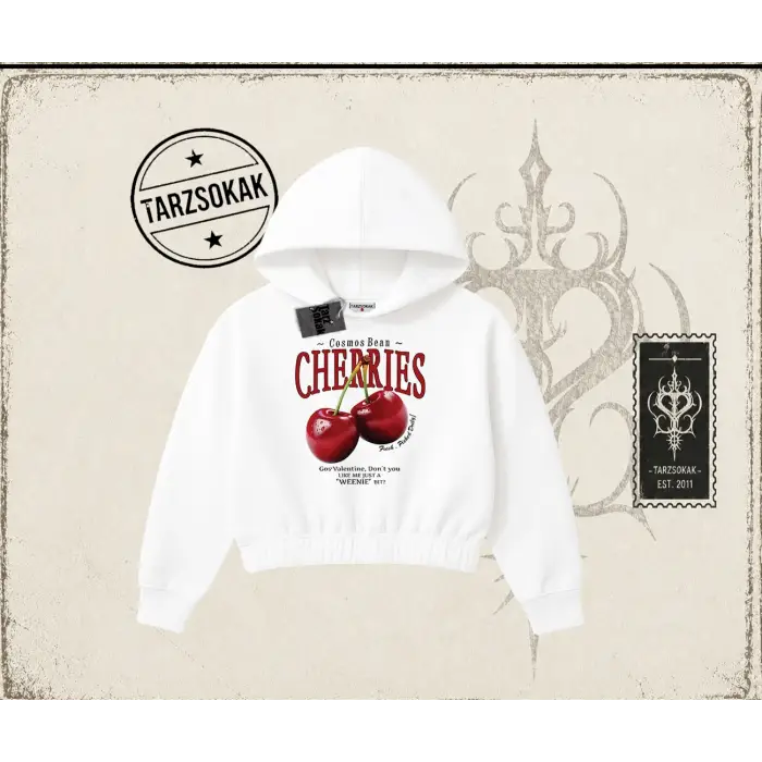 Unisex Cherries Kadın Crop Kapşonlu Sweatshirt Beyaz