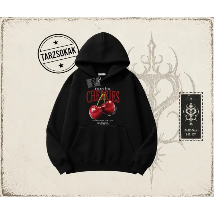 Unisex Cherries Oversize Unisex Kapşonlu Sweatshirt Beyaz