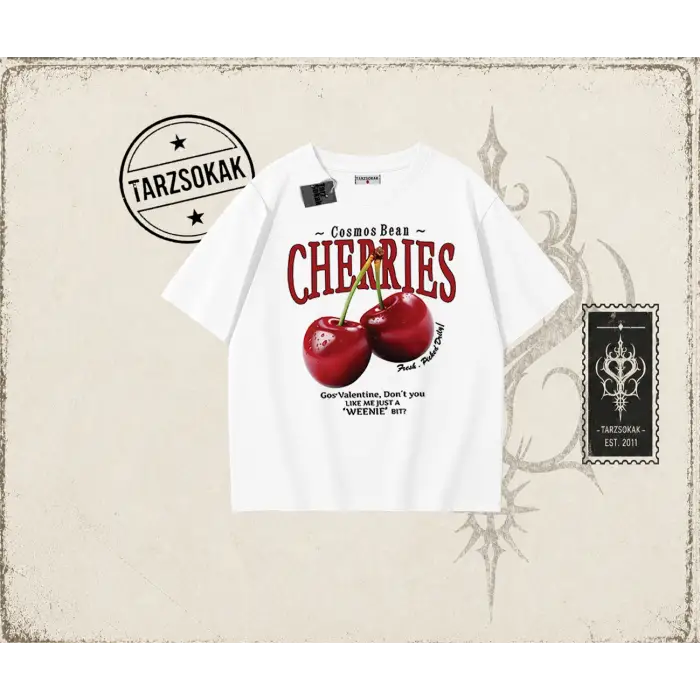 Unisex Cherries Oversize Unisex Tişört Beyaz