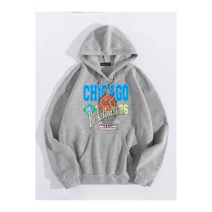 Unisex Chicago76 Baskılı Oversize Kapüşonlu Sweatshirt Gri