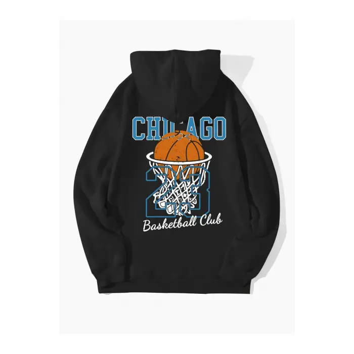 Unisex Chicago76 Baskılı Oversize Kapüşonlu Sweatshirt Siyah