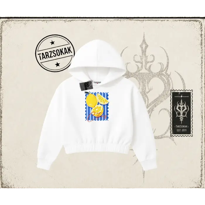 Unisex Citrus Kadın Crop Kapşonlu Sweatshirt Beyaz