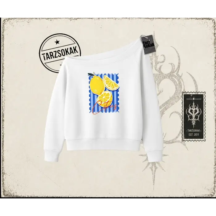 Unisex Citrus Kadın Kayık Yaka Sweatshirt Beyaz