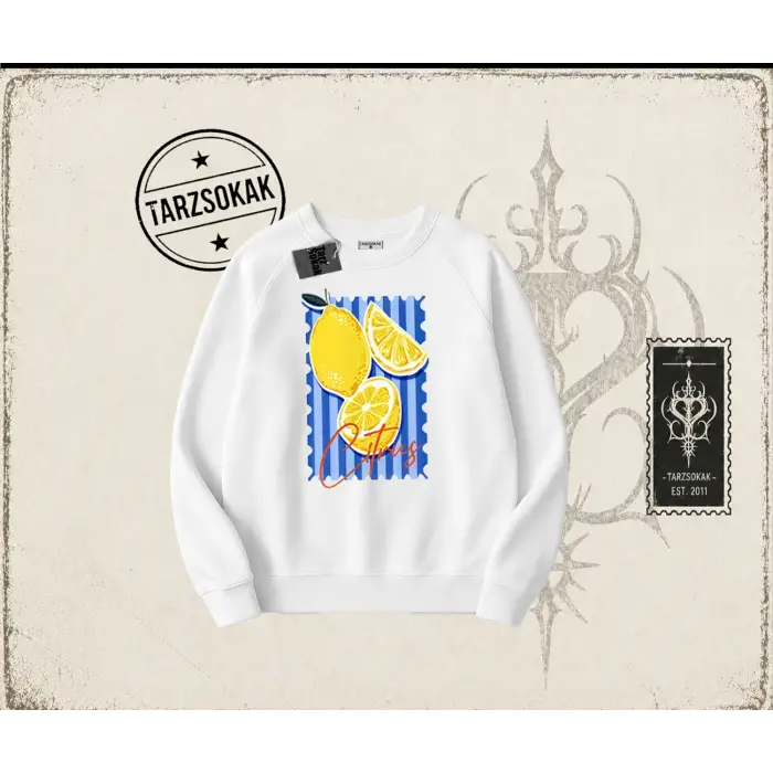 Unisex Citrus Oversize Unisex Bisiklet Yaka Sweatshirt Beyaz
