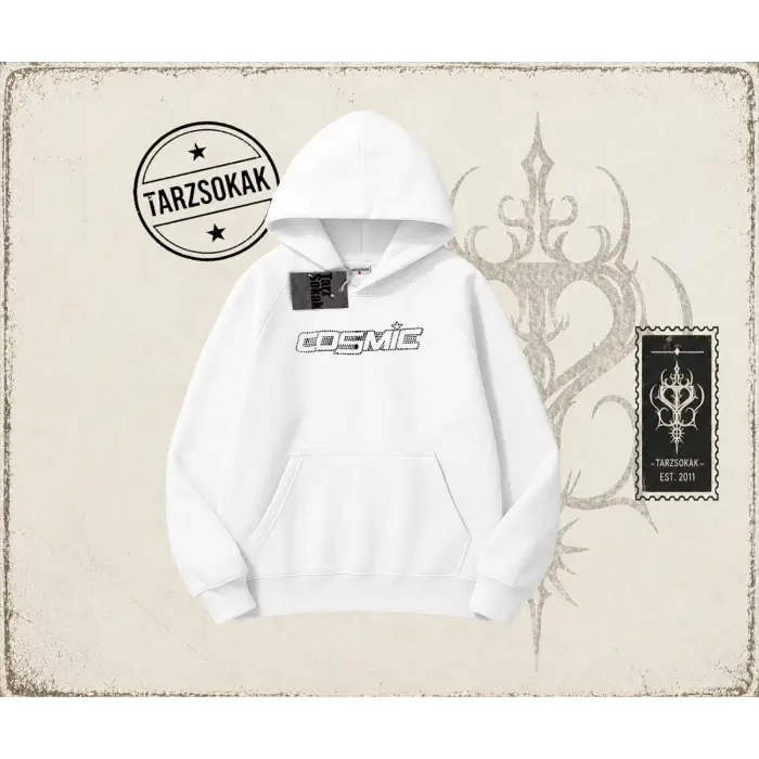 Unisex Cosmic Oversize Unisex Kapşonlu Sweatshirt Beyaz