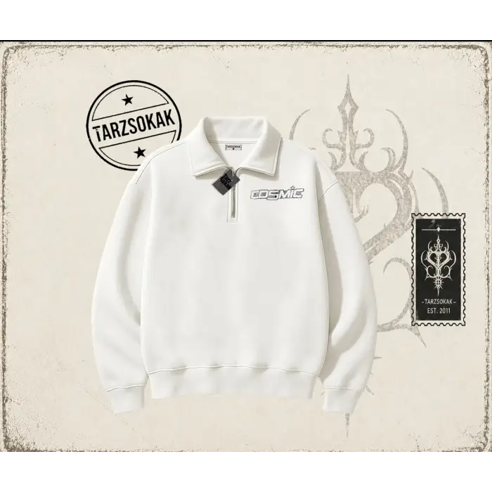 Unisex Cosmic Unisex Polo Yaka Yarım Fermuarlı Sweatshirt Beyaz