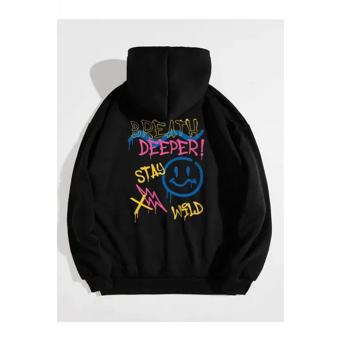 Unisex Deeper Baskılı Oversize Kapüşonlu Sweatshirt Siyah