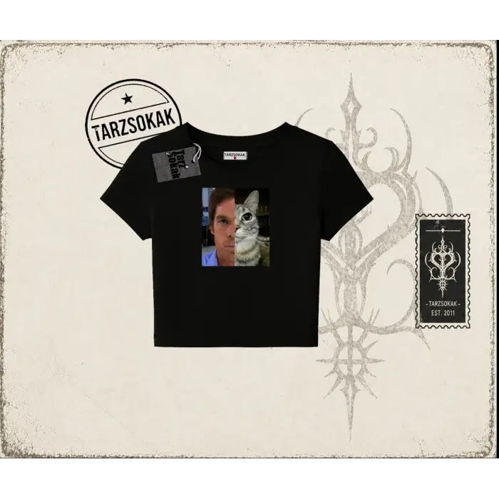 Unisex Dexter Cat Kadın Baby Tee Beyaz