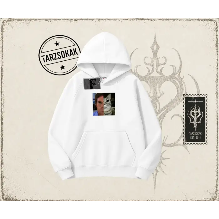 Unisex Dexter Cat Oversize Unisex Kapşonlu Sweatshirt Beyaz