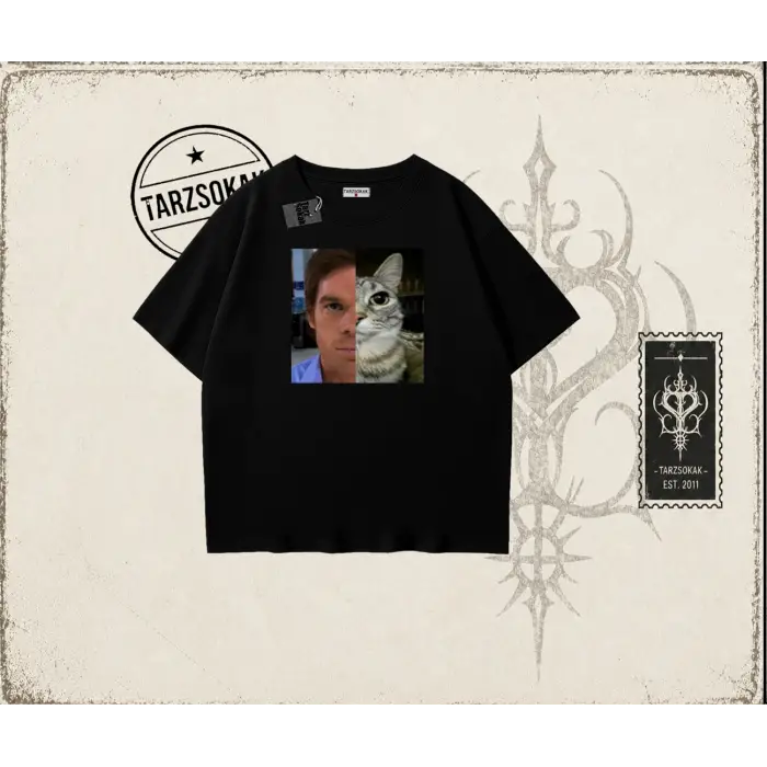 Unisex Dexter Cat Oversize Unisex Tişört Beyaz
