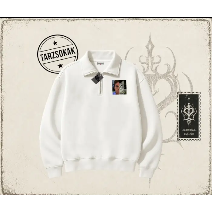Unisex Dexter Cat Unisex Polo Yaka Yarım Fermuarlı Sweatshirt Beyaz