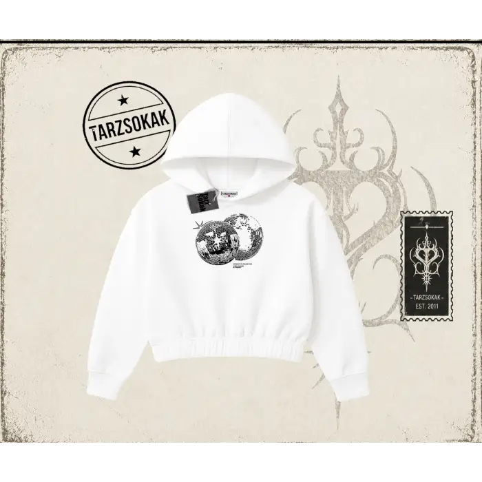 Unisex Discoball Kadın Crop Kapşonlu Sweatshirt Beyaz