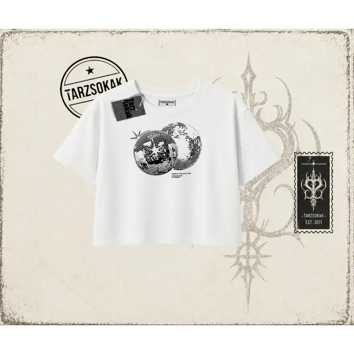 Unisex Discoball Kadın Crop Tişört Beyaz