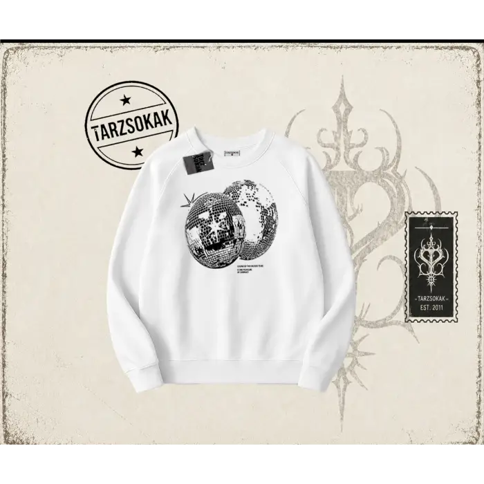 Unisex Discoball Oversize Unisex Bisiklet Yaka Sweatshirt Beyaz