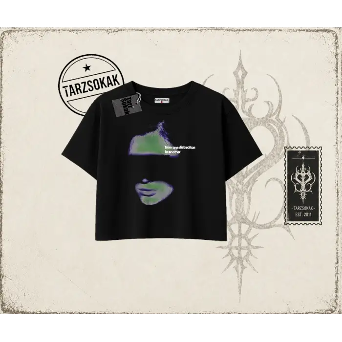 Unisex Distraction Kadın Crop Tişört Beyaz