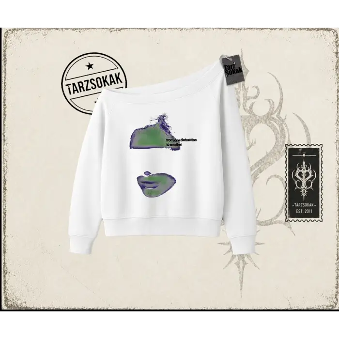 Unisex Distraction Kadın Kayık Yaka Sweatshirt Beyaz