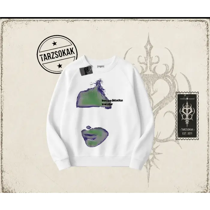Unisex Distraction Oversize Unisex Bisiklet Yaka Sweatshirt Beyaz