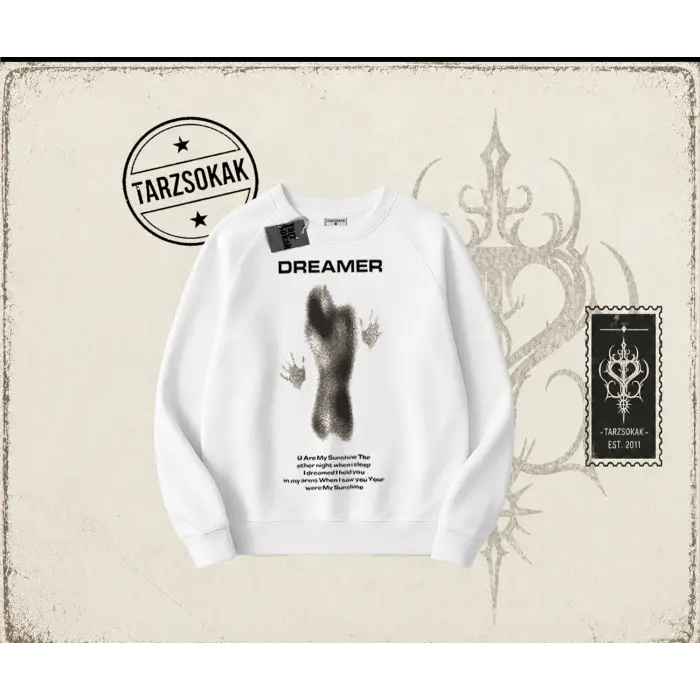 Unisex Dreamer Oversize Unisex Bisiklet Yaka Sweatshirt Beyaz