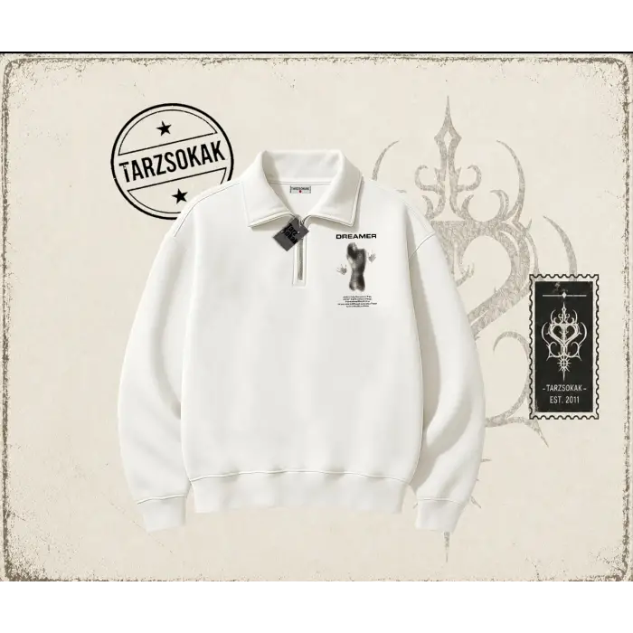 Unisex Dreamer Unisex Polo Yaka Yarım Fermuarlı Sweatshirt Beyaz
