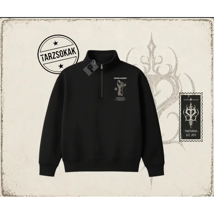Unisex Dreamer Unisex Polo Yaka Yarım Fermuarlı Sweatshirt Beyaz