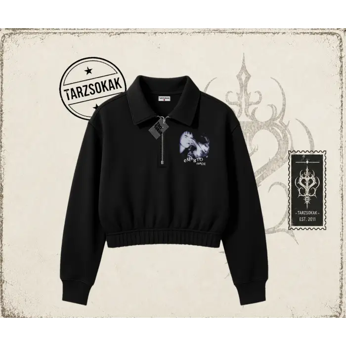 Unisex Embryo Kadın Crop Polo Yaka Yarım Fermuarlı Sweatshirt Beyaz