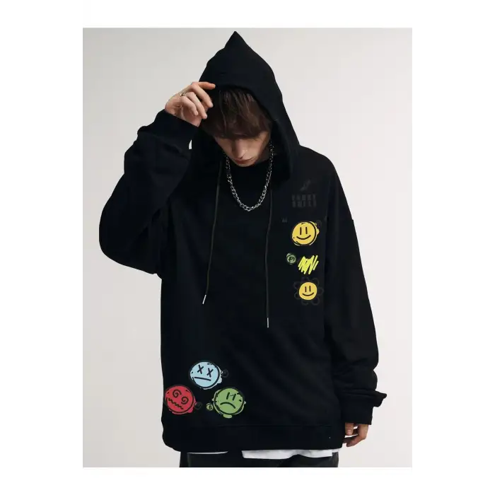 Unisex Emoji Özel Baskılı Kapüşonlu Oversize Sweatshirt Siyah