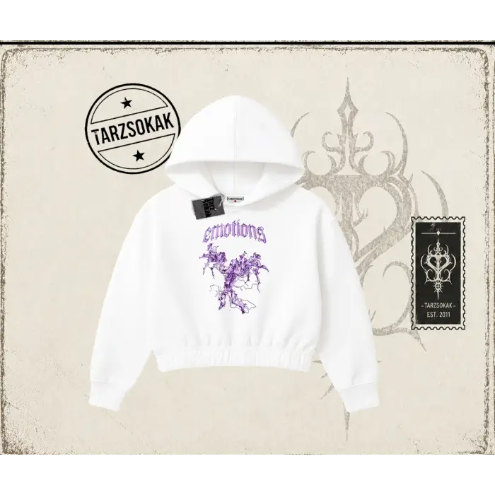 Unisex Emotions Kadın Crop Kapşonlu Sweatshirt Beyaz