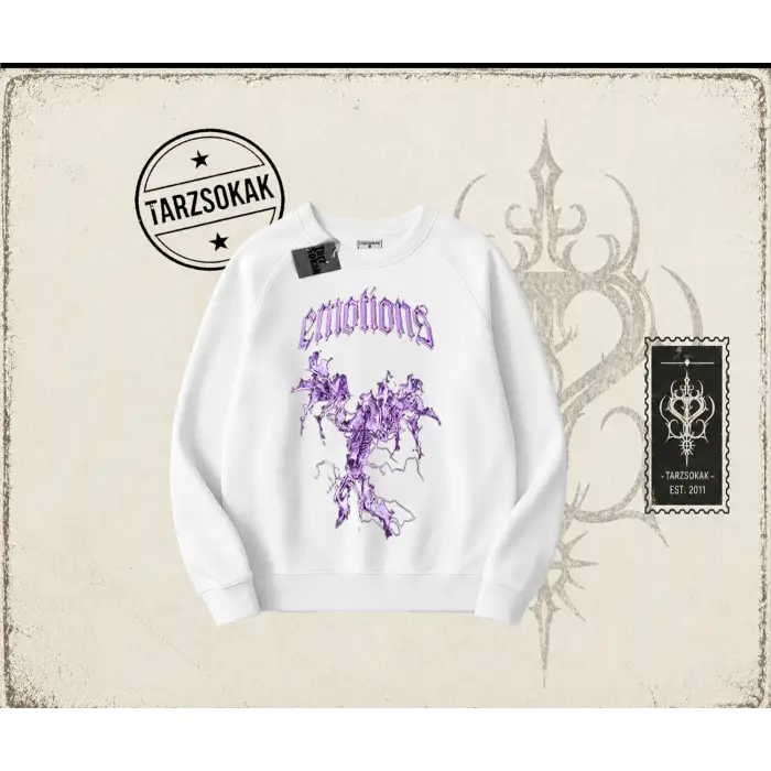 Unisex Emotions Oversize Unisex Bisiklet Yaka Sweatshirt Beyaz