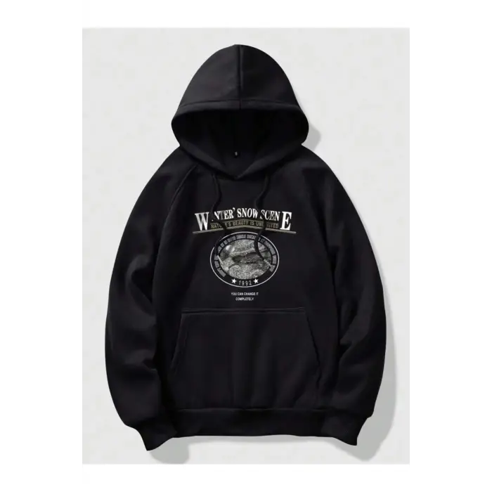 Unisex Erkek WINTER SNOW baskılı kapüşonlu oversize sweatshirt Siyah