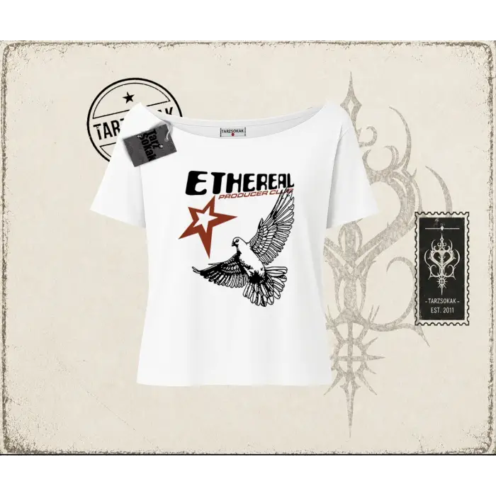 Unisex Ethereal Kadın Kayık Yaka Tişört Beyaz