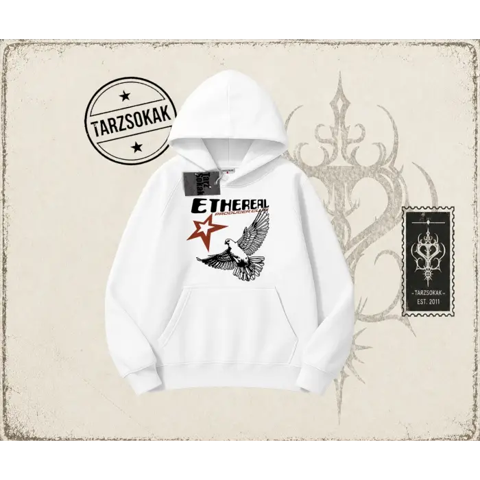 Unisex Ethereal Oversize Unisex Kapşonlu Sweatshirt Beyaz