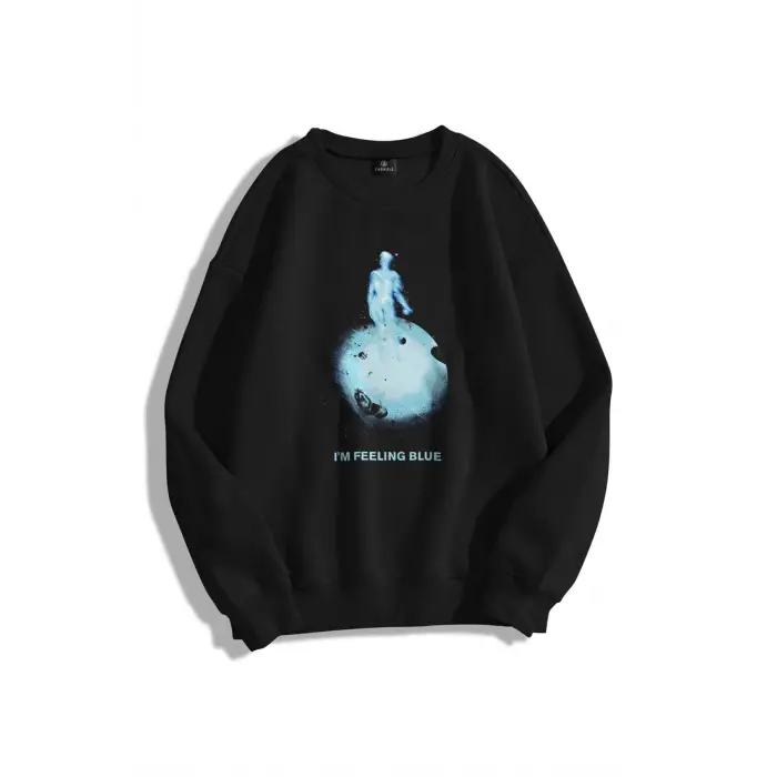 Unisex Feeling Blue Bisiklet Yaka Sweatshirt Siyah