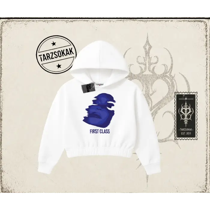 Unisex First Class Kadın Crop Kapşonlu Sweatshirt Beyaz