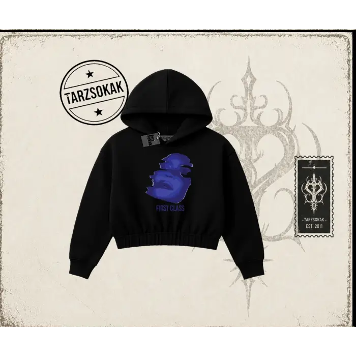 Unisex First Class Kadın Crop Kapşonlu Sweatshirt Beyaz