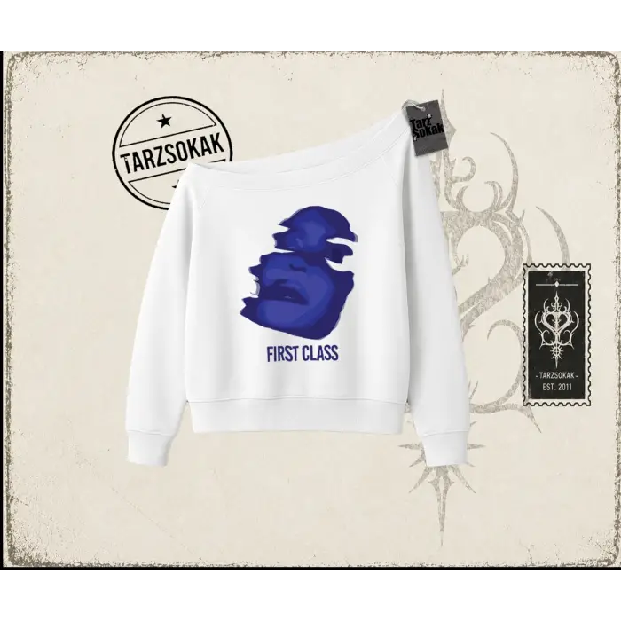 Unisex First Class Kadın Kayık Yaka Sweatshirt Beyaz
