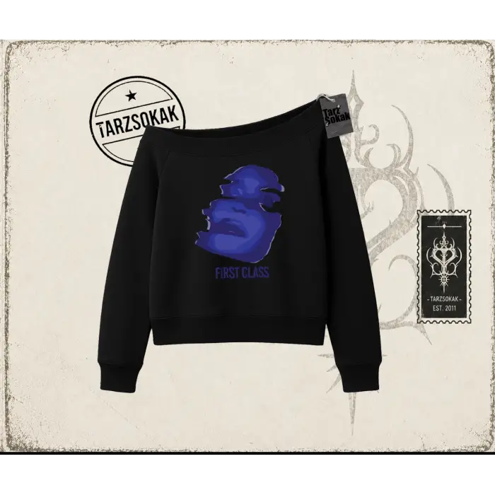 Unisex First Class Kadın Kayık Yaka Sweatshirt Beyaz