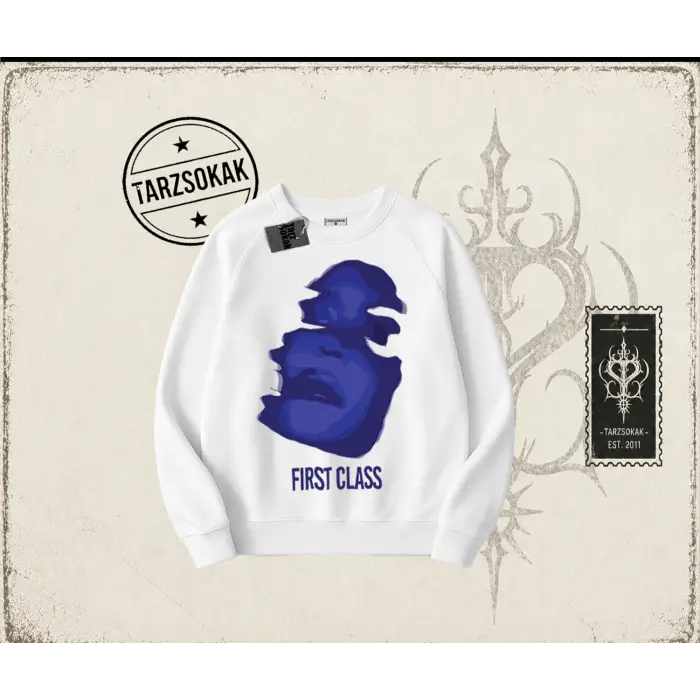 Unisex First Class Oversize Unisex Bisiklet Yaka Sweatshirt Beyaz