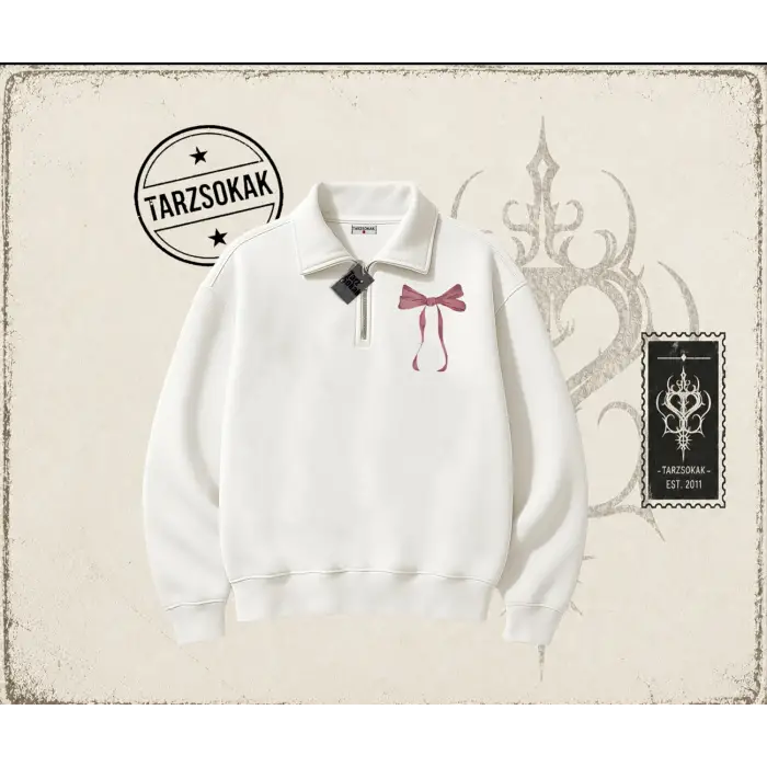 Unisex Fiyonk Kurdele Unisex Polo Yaka Yarım Fermuarlı Sweatshirt Beyaz