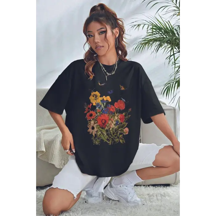 Unisex Flowers Baskılı Oversize