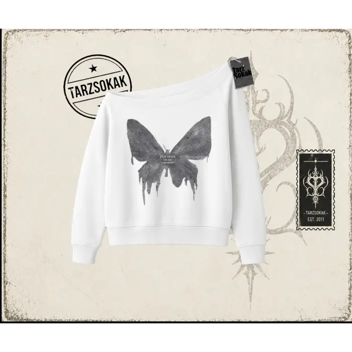 Unisex Fly Zone Kadın Kayık Yaka Sweatshirt Beyaz