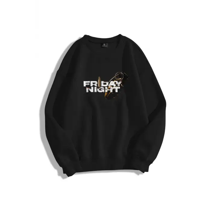 Unisex Friday Night Bisiklet Yaka Sweatshirt Siyah