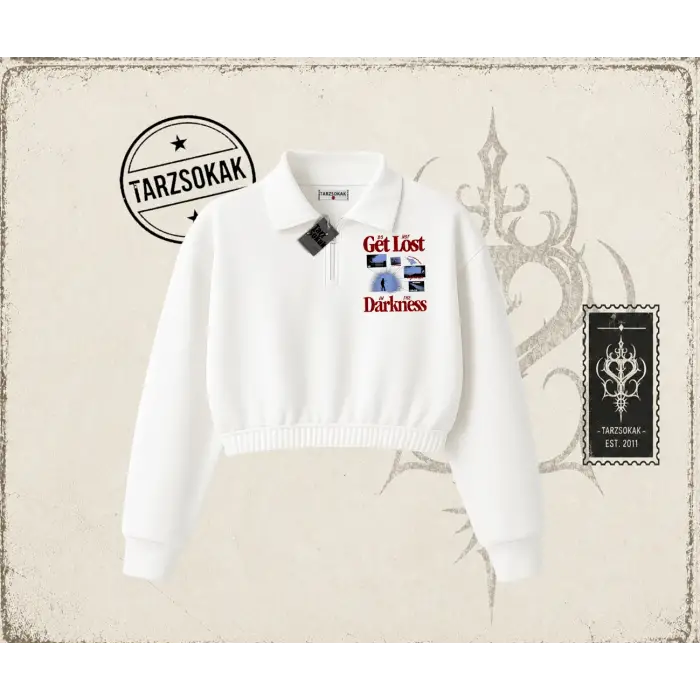 Unisex Get Lost Kadın Crop Polo Yaka Yarım Fermuarlı Sweatshirt Beyaz