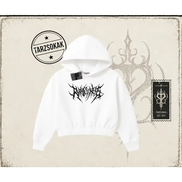 Unisex Gothic Ruthless Kadın Crop Kapşonlu Sweatshirt Beyaz
