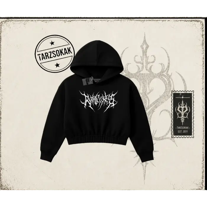 Unisex Gothic Ruthless Kadın Crop Kapşonlu Sweatshirt Beyaz