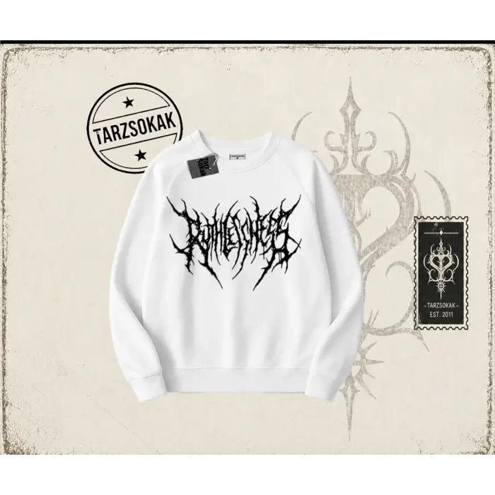Unisex Gothic Ruthless Oversize Unisex Bisiklet Yaka Sweatshirt Beyaz