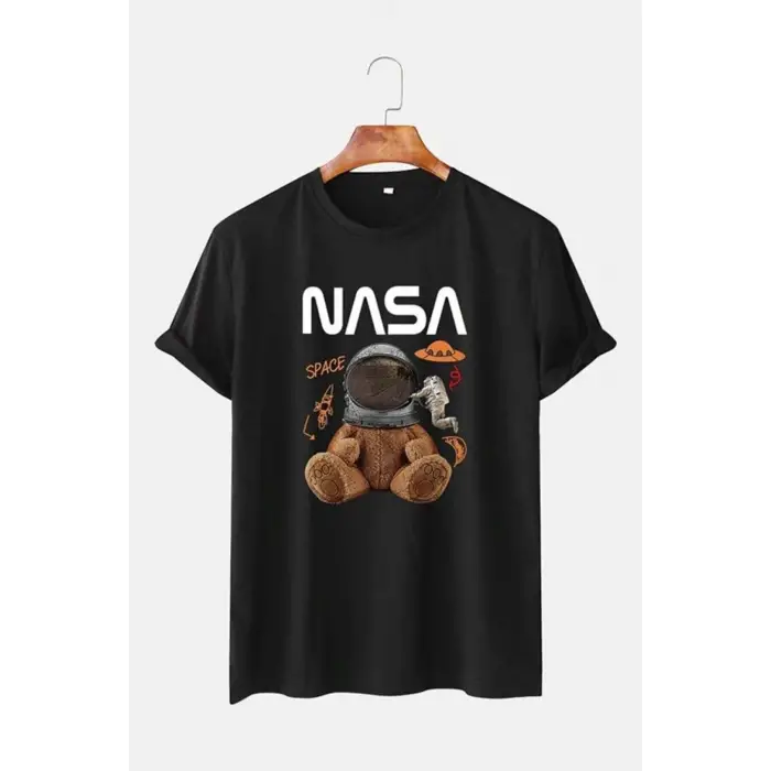 Unisex Gri Ayıcık Nasa Baskılı Tshirt