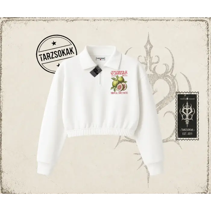 Unisex Guavas Kadın Crop Polo Yaka Yarım Fermuarlı Sweatshirt Beyaz