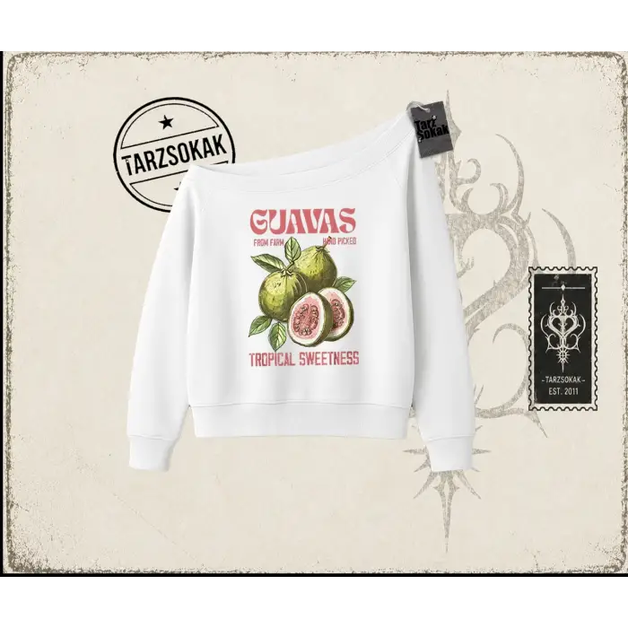 Unisex Guavas Kadın Kayık Yaka Sweatshirt Beyaz